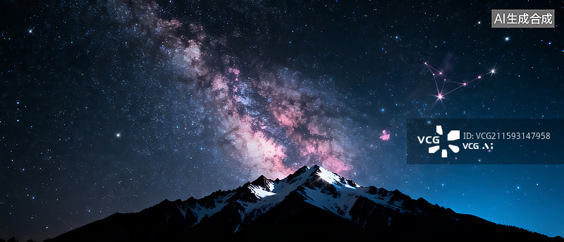 【AI数字艺术】雪山与璀璨星空，北斗七星，银河图片素材