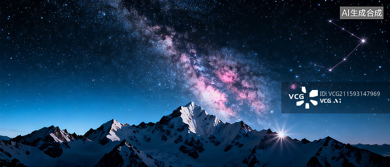 【AI数字艺术】雪山与璀璨星空，北斗七星，银河图片素材