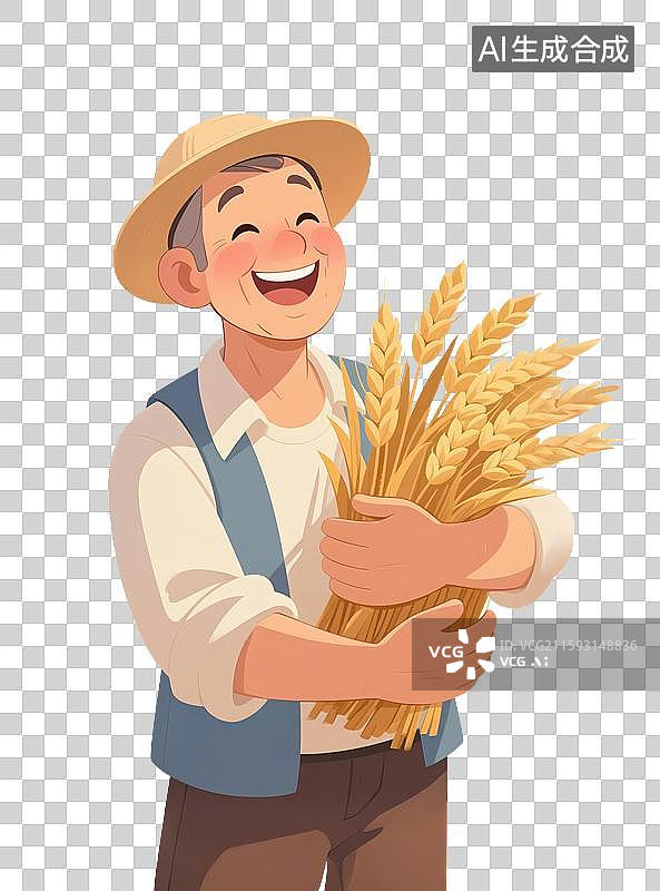 【AI数字艺术】农民伯伯笑着捧着丰收的麦子插画图片素材