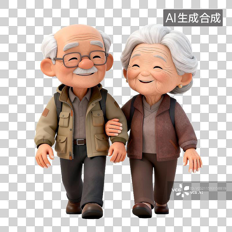 【AI数字艺术】互相搀扶的老夫妇3D卡通元素图片素材
