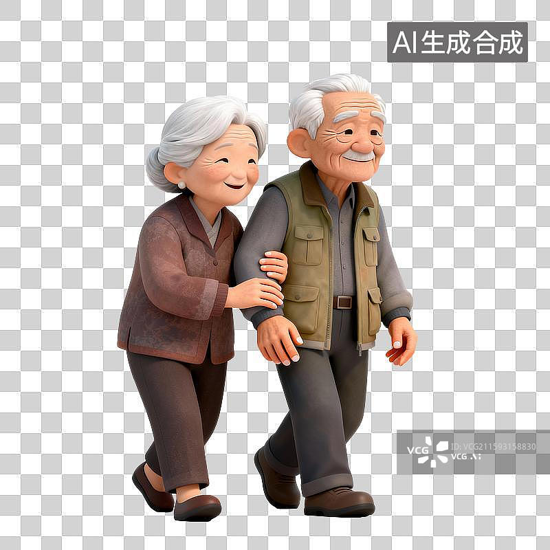 【AI数字艺术】互相搀扶的老夫妇3D卡通元素图片素材