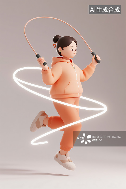【AI数字艺术】一位女性穿着橙色运动服在跳绳锻炼身体三维图图片素材