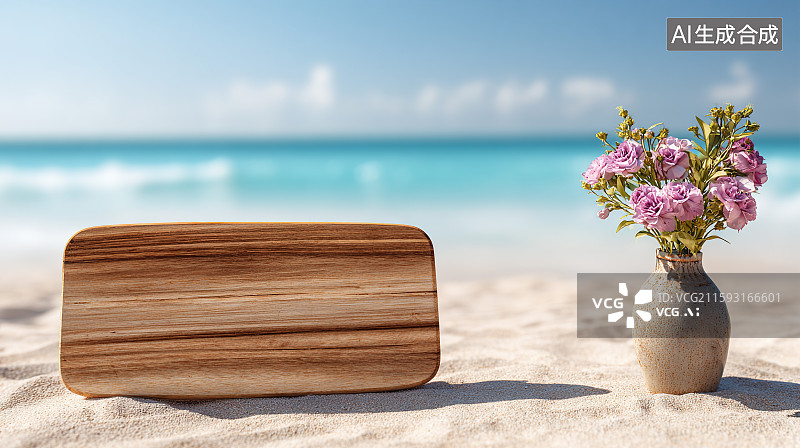 【AI数字艺术】写实清新海滩花瓶与鲜花图片素材