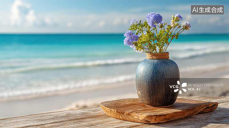 【AI数字艺术】写实清新海滩花瓶与鲜花图片素材