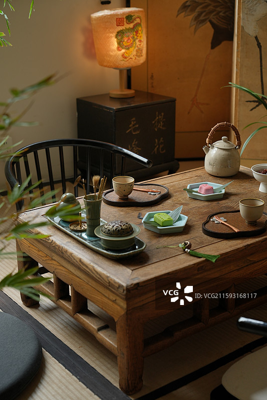 中式茶空间茶室茶食月饼图片素材