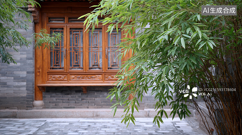 【AI数字艺术】中国庭院木窗与竹林图片素材