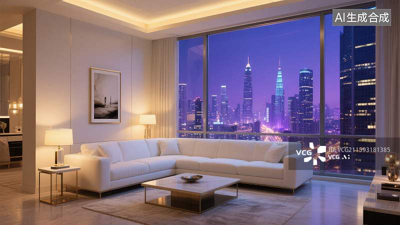 【AI数字艺术】城市高楼中现代家居客厅沙发室内装修设计夜晚灯光效果样板间图片素材