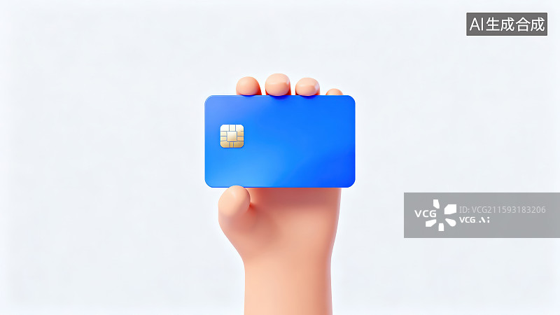【AI数字艺术】纯色背景下卡通人物一只手拿着张带芯片的蓝色银行卡信用卡会员卡图片素材