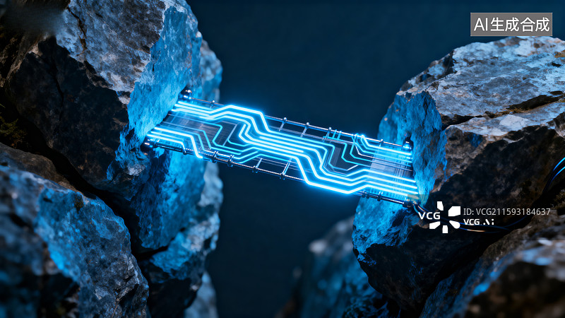 【AI数字艺术】发光电路连接岩石裂缝图片素材