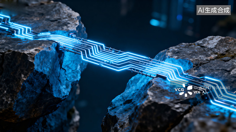 【AI数字艺术】蓝色光路连接岩石裂缝图片素材