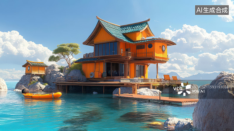 【AI数字艺术】橙色海滨木屋码头小船度假景图片素材
