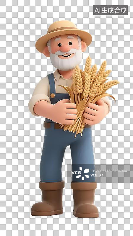 【AI数字艺术】AIGC：3D卡通人物 农民笑着抱着丰收的麦子图片素材