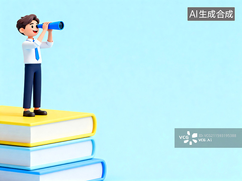 【AI数字艺术】站在书籍上用望远镜眺望的人图片素材
