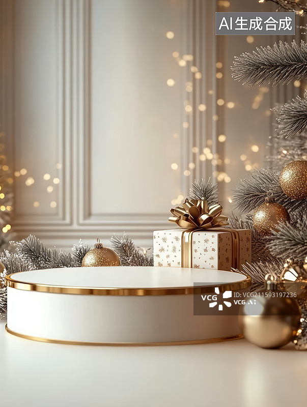 【AI数字艺术】3D渲染金色圣诞节主题电商产品展台背景图片素材