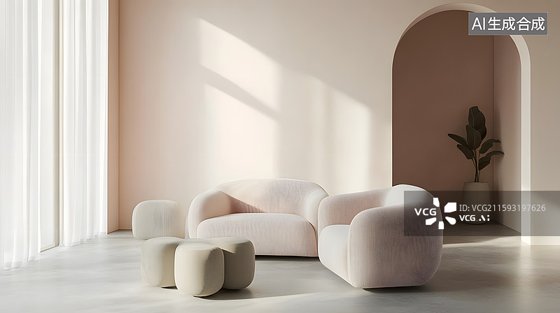 【AI数字艺术】柔和粉色现代弧形沙发客厅室内设计图片素材