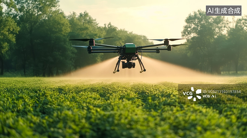 【AI数字艺术】农业植保无人机在农田耕地上喷洒作业，智慧农业概念图片素材