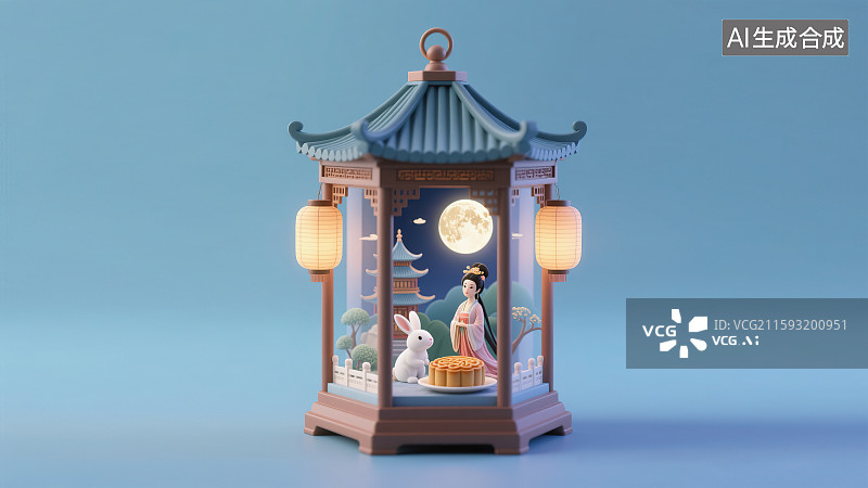 【AI数字艺术】新国风中式灯笼宫灯中秋节嫦娥玉兔月饼超级大月亮天庭天宫广寒宫古风微缩景观微距创意场景3D插图绘画背景图片素材