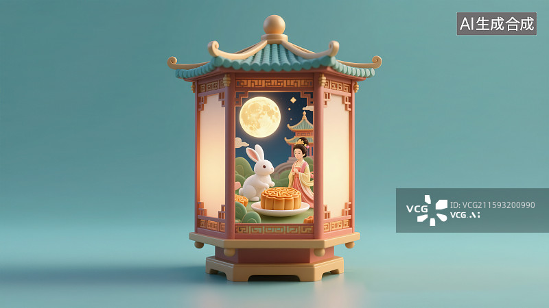 【AI数字艺术】新国风中式灯笼宫灯中秋节嫦娥玉兔月饼超级大月亮天庭天宫广寒宫古风微缩景观微距创意场景3D插图绘画背景图片素材