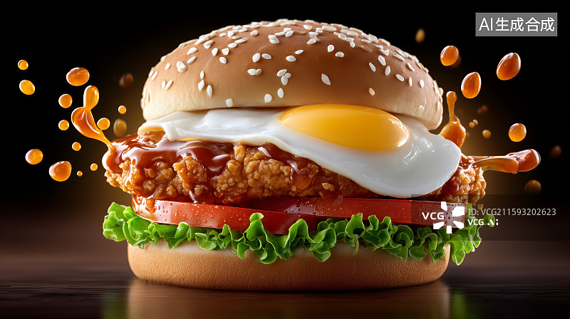 【AI数字艺术】炸鸡汉堡配生菜番茄图片素材