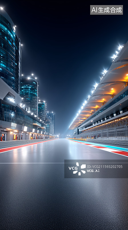 【AI数字艺术】夜幕下的赛道与现代化建筑图片素材