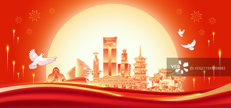 福建泉州建筑天际线红色国潮风中秋节国庆节海报图片素材