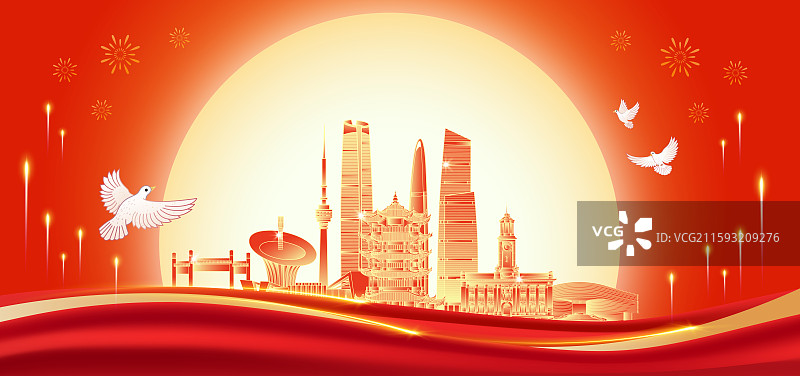 湖北武汉建筑天际线红色国潮风中秋节国庆节海报图片素材