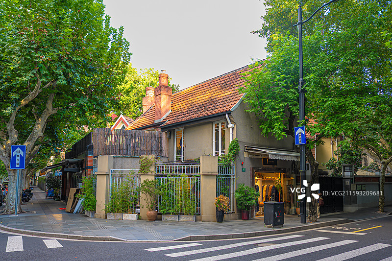 夏天绿色梧桐树下的武康路 优秀历史建筑 老洋房 衡复风貌区图片素材