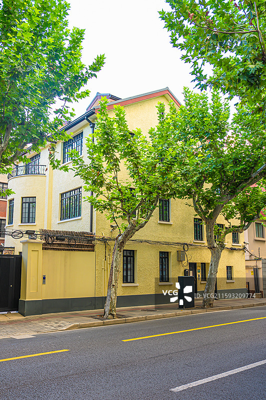 夏天绿色梧桐树下别墅老洋房  上海街景 海派风情 衡复风貌区图片素材