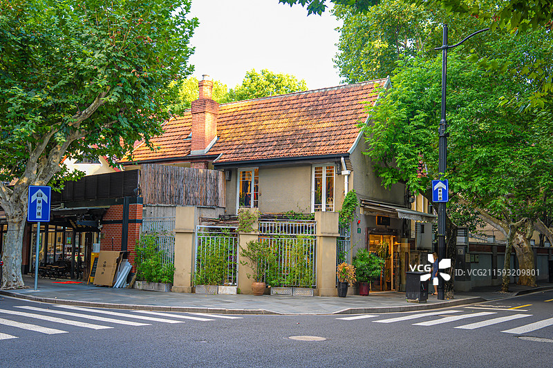 夏天绿色梧桐树下的武康路 优秀历史建筑 老洋房 衡复风貌区图片素材