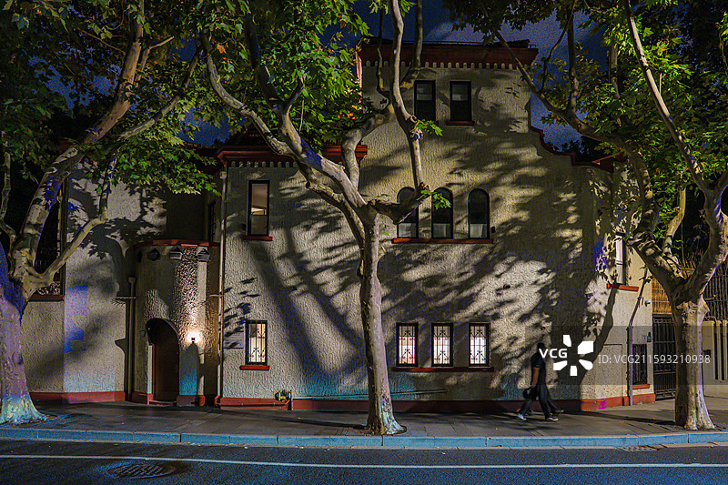 盛夏的上海梧桐树马路夜景 武康路街景 优秀历史建筑 老洋房 衡复风貌区图片素材