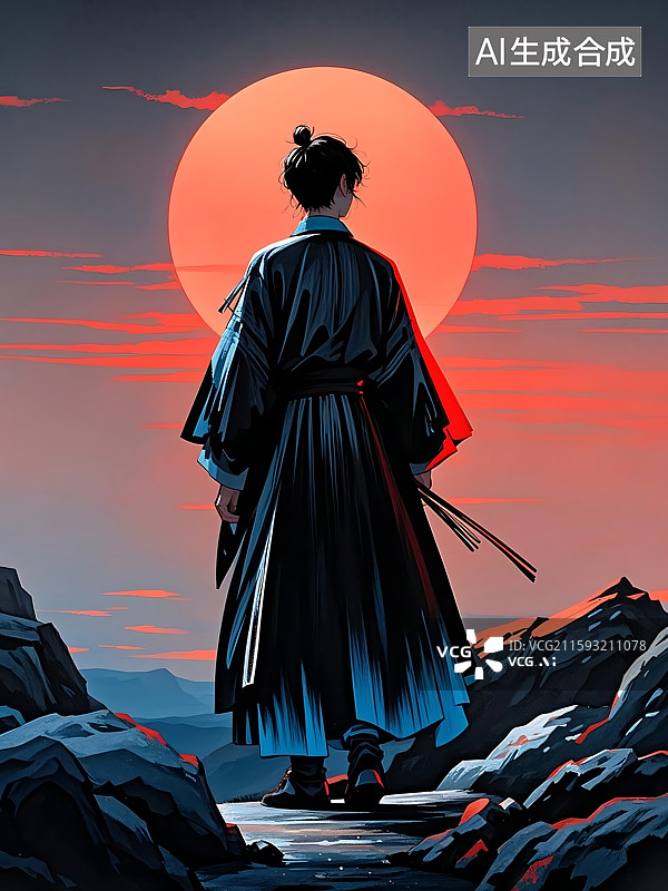 【AI数字艺术】落日武士独行图图片素材