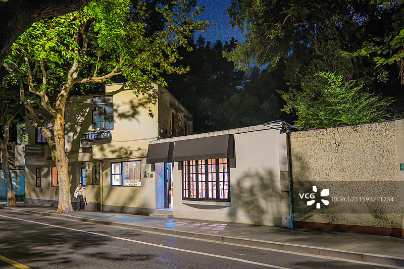盛夏的上海梧桐树马路夜景 武康路街景 优秀历史建筑 老洋房 衡复风貌区图片素材