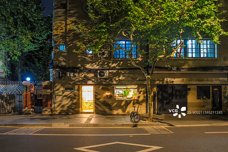 盛夏的上海梧桐树马路夜景 武康路街景 优秀历史建筑 老洋房 衡复风貌区图片素材