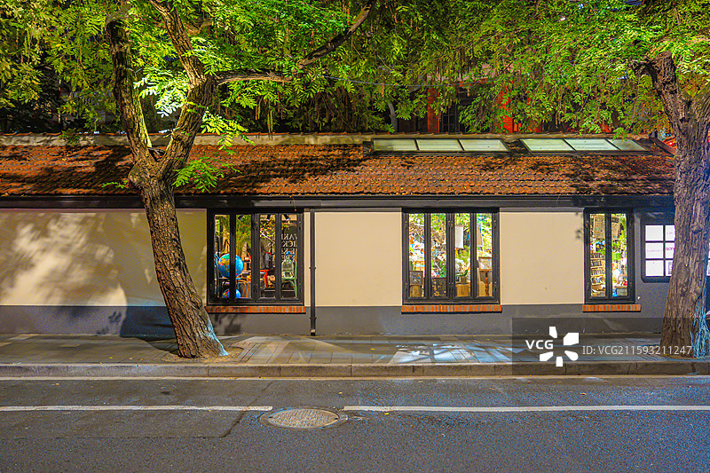盛夏的上海梧桐树马路夜景 武康路街景 优秀历史建筑 老洋房 衡复风貌区图片素材