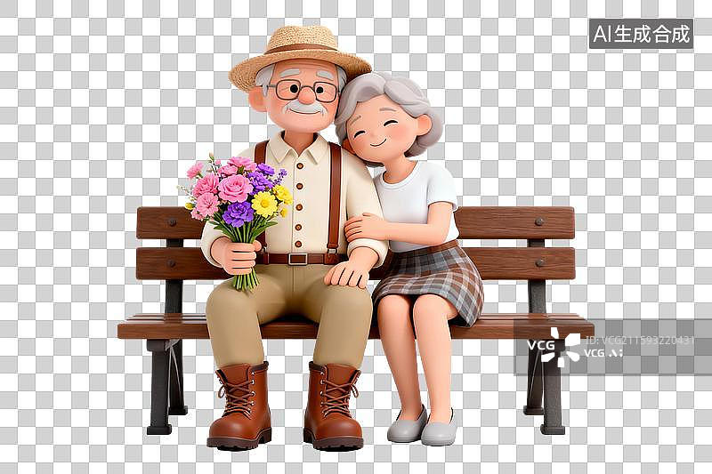 【AI数字艺术】3D长椅上依靠在一起的老年夫妇图片素材