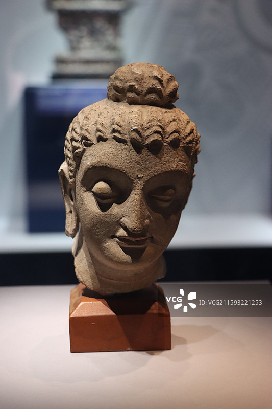 中国国家博物馆展出的巴基斯坦公元3-4世纪灰泥佛首造像图片素材