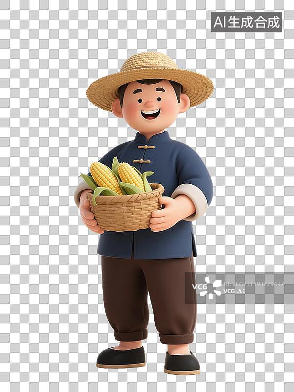 【AI数字艺术】3D渲染卡通农民，拿着玉米的农民，农民伯伯，免抠元素图片素材