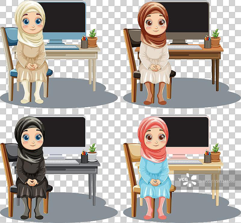 四位戴着头巾的女性坐在桌子旁图片素材