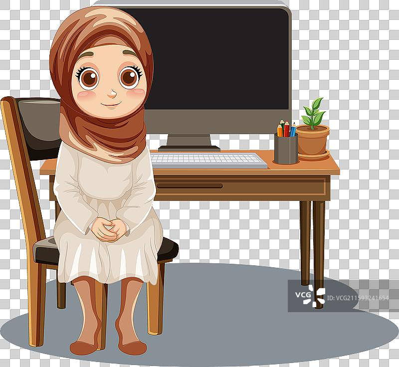 年轻女孩坐在电脑桌旁图片素材