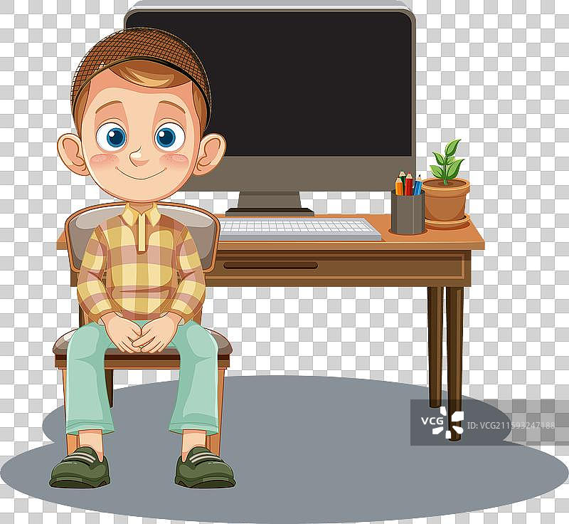 年轻男孩坐在电脑桌旁图片素材
