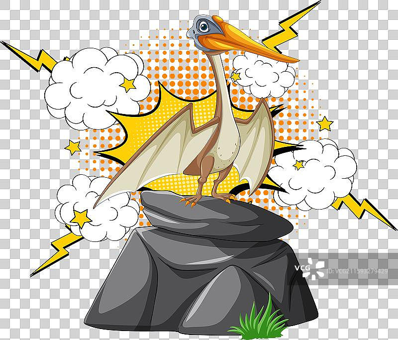 翼龙站在岩石上，背景为漫画风格图片素材