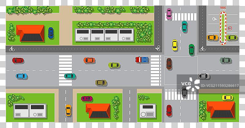 城市的俯视图，展示了带屋顶的智能住宅图片素材