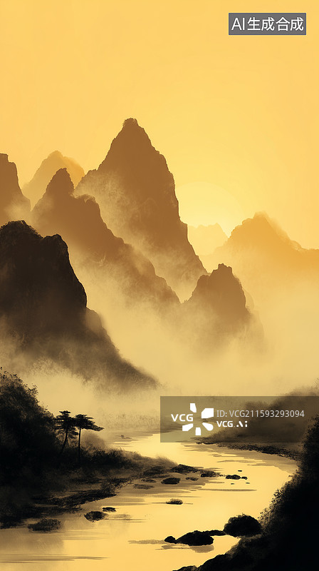 【AI数字艺术】金色山水日出东方图片素材