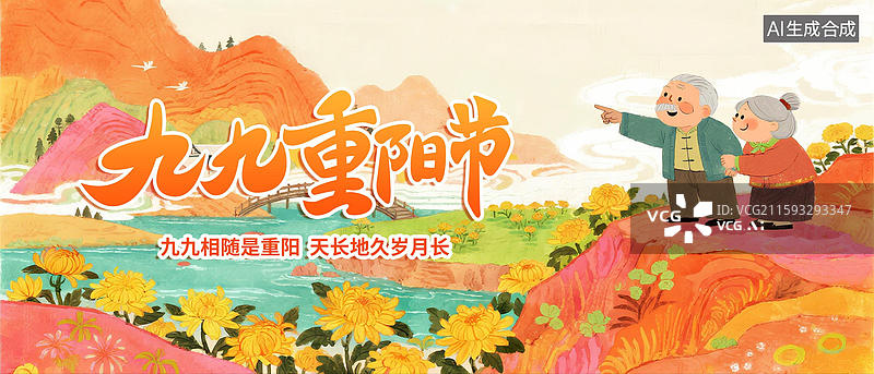 【AI数字艺术】重阳节夕阳红菊花登高海报模板图片素材