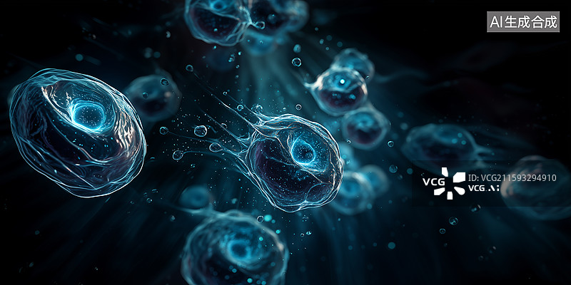 【AI数字艺术】液态细胞蓝光核心折射图片素材
