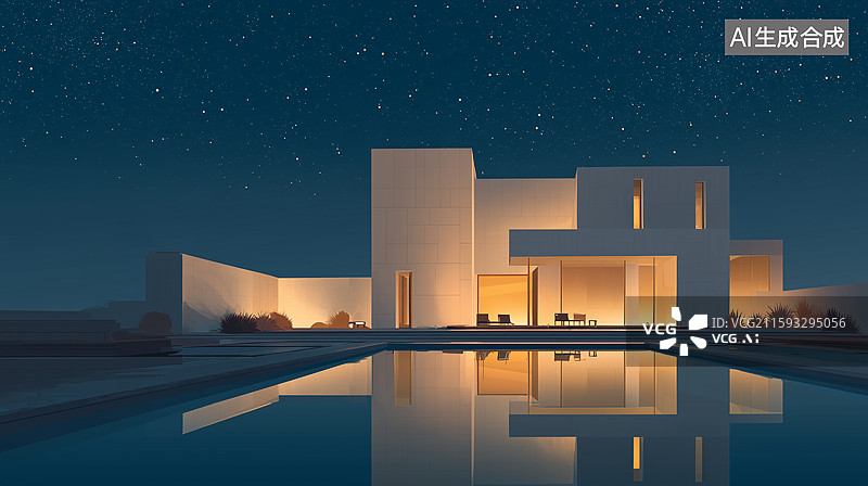 【AI数字艺术】夜光立方住宅水池景图片素材