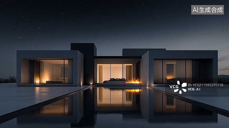 【AI数字艺术】夜光立方住宅水池景图片素材