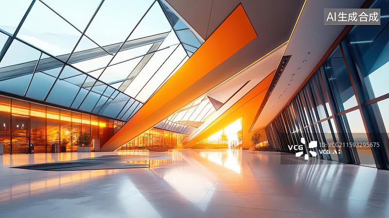 【AI数字艺术】现代建筑玻璃天花板橙色光影空间图片素材