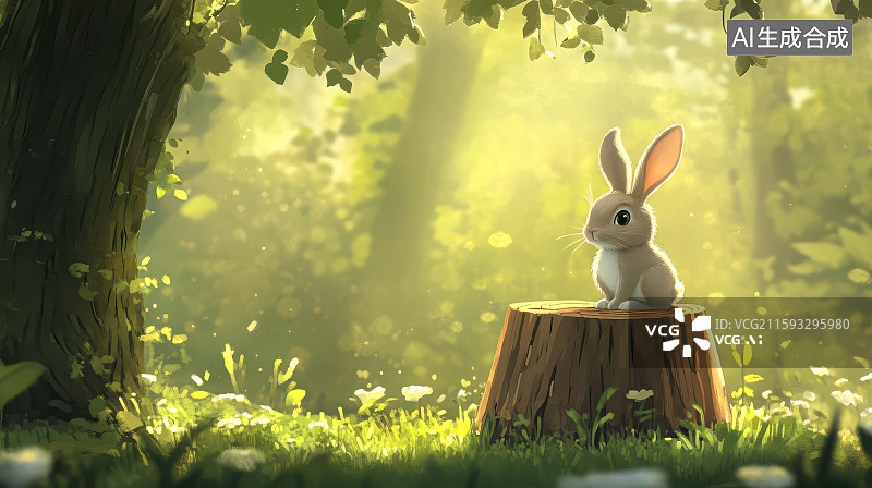【AI数字艺术】森林中白兔坐树桩自然温馨场景图片素材