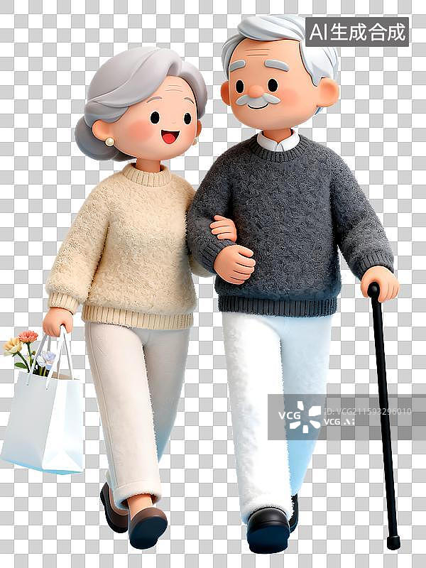 【AI数字艺术】重阳节老年夫妇拎着购物袋拄着拐杖手牵手散步，毛毡质感免扣设计元素图片素材